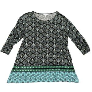 J Jill tencel print top blouse black aqua teal medium petite shirt